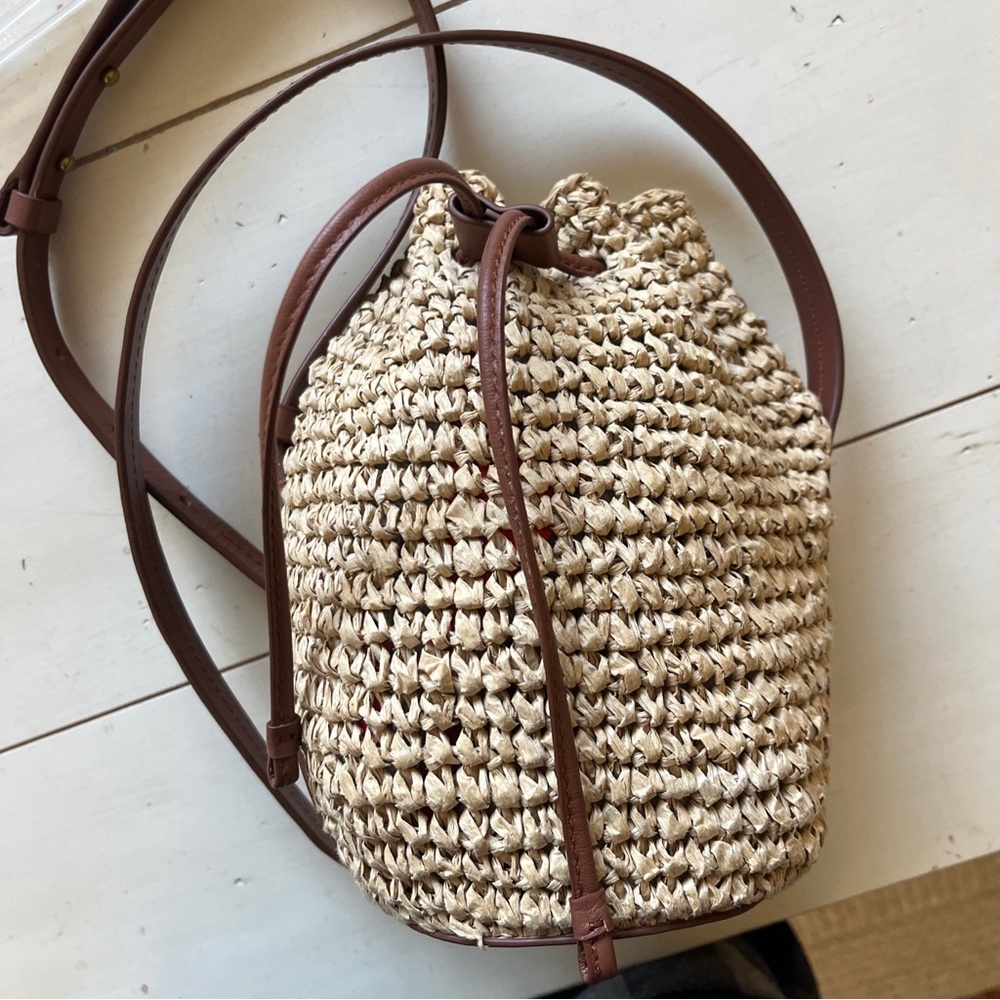 J Crew Womens Adjustable Strap Woven Straw Bucket Bag Handbag Beige Brown NWT - Picture 4 of 9